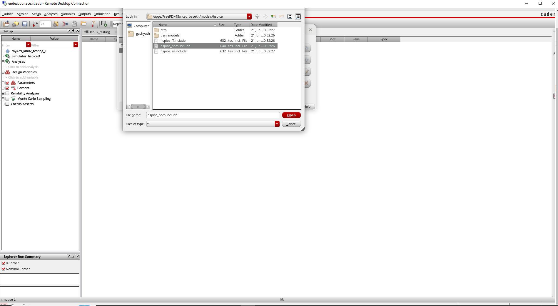 Selecting the FreePDK45 HSPICE nominal model file